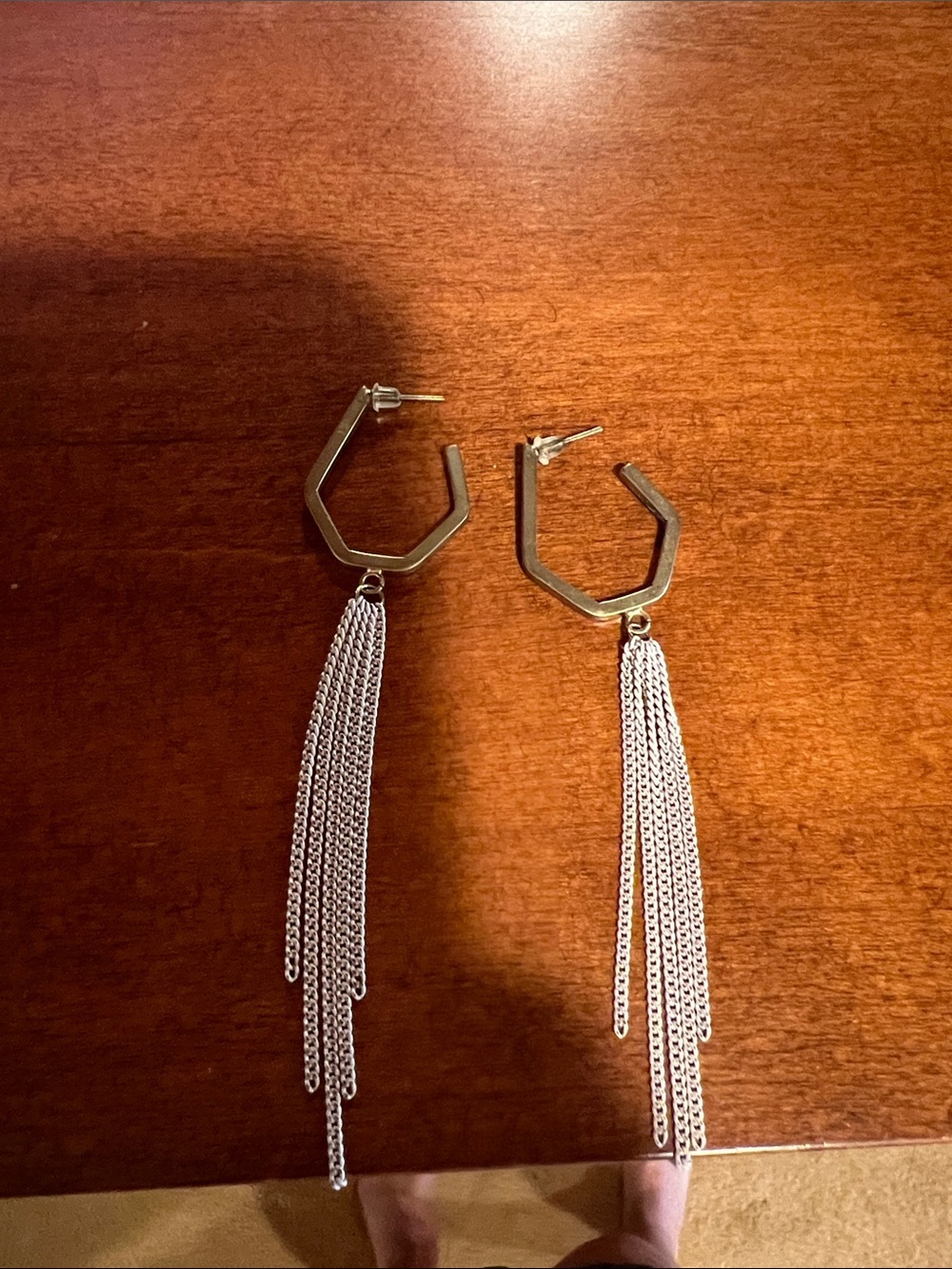 Geometric Hexagon Tassel Drop Earrings - Silver
